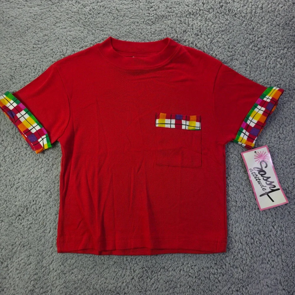 Vintage Sassy Attitude Kids Red Plaid Trim Pocket T-Shirt Size 7-8 Made in USA